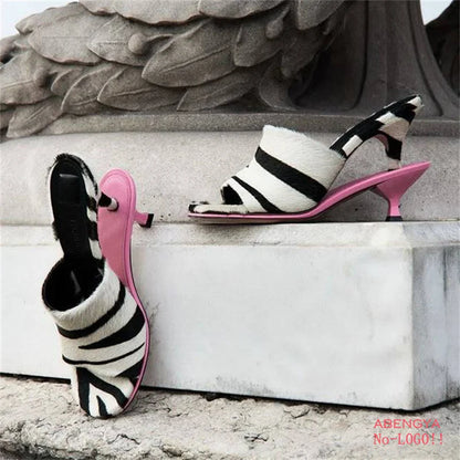 2025 Summer Leather High Heel Slippers Women Sandals Kitten Double Heels Mules Slides Designer Party Dress Shoes For Women