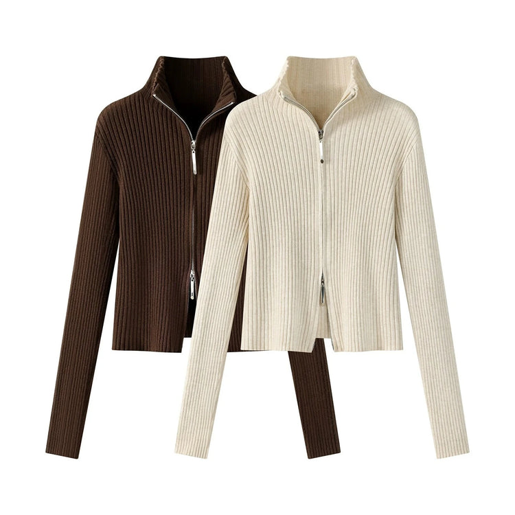 2026 Women's Autumn Winter Knit Cardigan Versatile Office Slim Flattering Cropped Zip-Up Sweater Korean Long Sleeve Outerwear