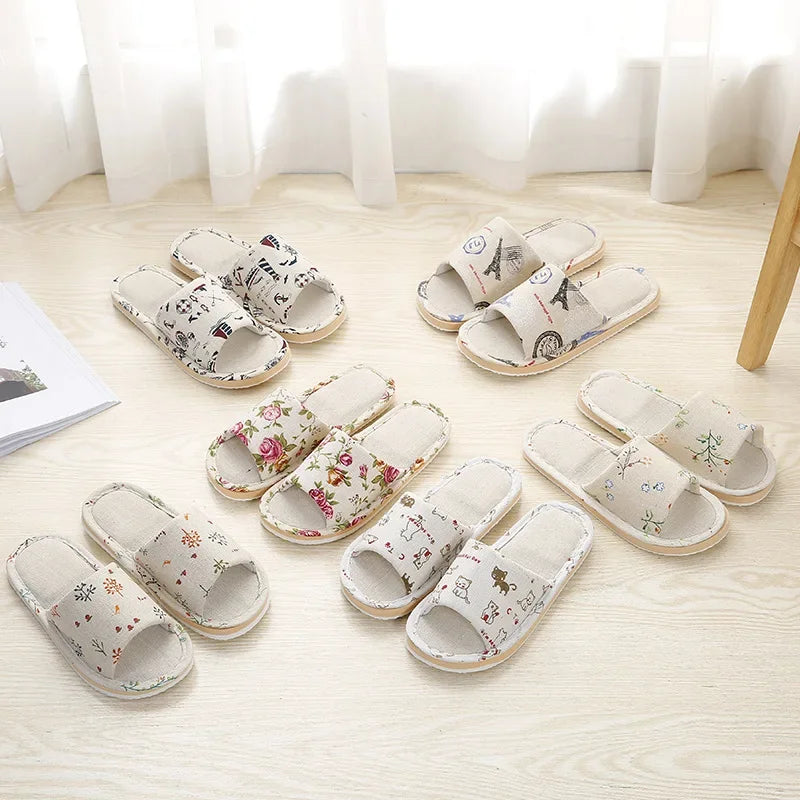 Four Season Linen Home Slippers Women Autumn Indoor Casual Floral Slides Couples House Non-slip Sandals Adults Cartoon Cat Shoes