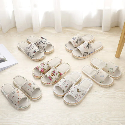Four Season Linen Home Slippers Women Autumn Indoor Casual Floral Slides Couples House Non-slip Sandals Adults Cartoon Cat Shoes
