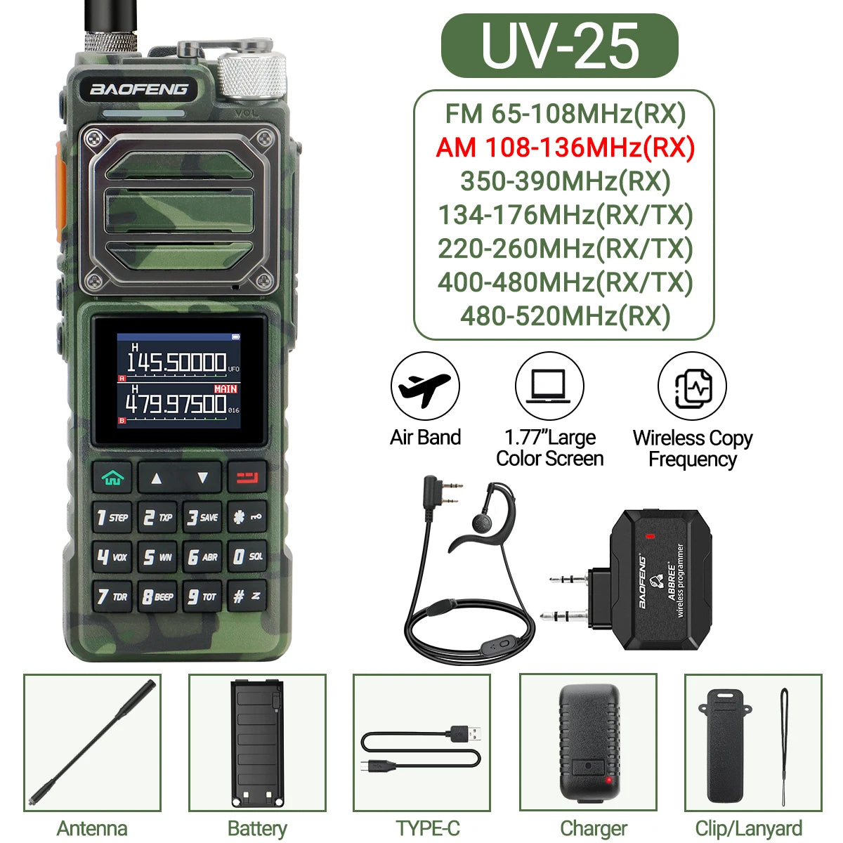 Baofeng UV-25 Walkie Talkie Wireless Copy Frequency Multi Band UHF VHF Air Band 999CH NOAA Type-C Charger AM Ham Two Way Radio