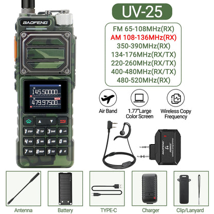 Baofeng UV-25 Walkie Talkie Wireless Copy Frequency Multi Band UHF VHF Air Band 999CH NOAA Type-C Charger AM Ham Two Way Radio