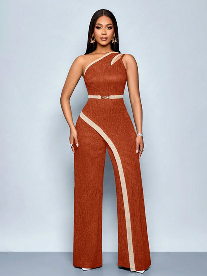 Women's Fashion Modern Party Asymmetric Neck Hollow Two-color Contrast Office Asymmetric Splicing Metal Decorated Sleeveless Str