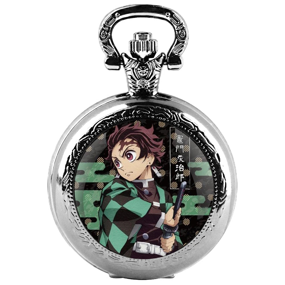 Kamado Tanjirou Design Glass Dome Quartz Pocket Watch With Durable Chain Arabic Numeral Dial For Men And Women Creative Gifts