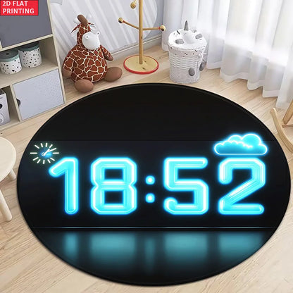1pc Digital Clock Design Round Rug for Modern Living Room Decor 2D Flat Printed Floor Mat Non-Slip Home Decoration