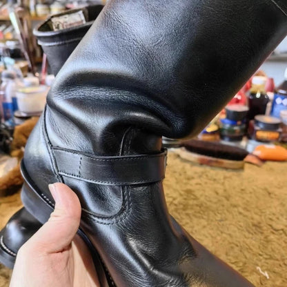 Men's Retro Motorcycle Boots Black Real Leather Knight Cargo Boots Trendy Round Toe Shoes botas para moto motorcycle boots
