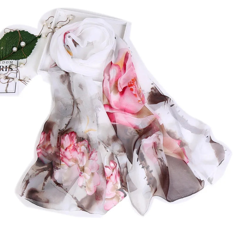 Ink Painting Lotus Summer Beach Sun Protection Chiffon Georgette Scarf Women Foulard Shawl Bandana Elegant Thin Breathable