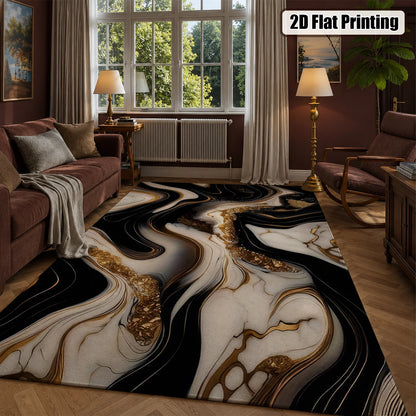Large Indoor Area Rug, Soft Velvet Low Pile with Non-Slip Dotted Backing, Machine Washable Abstract Black White Gold Marble Swirl Rug, Modern Decor for Living Room, Bedroom, Entryway