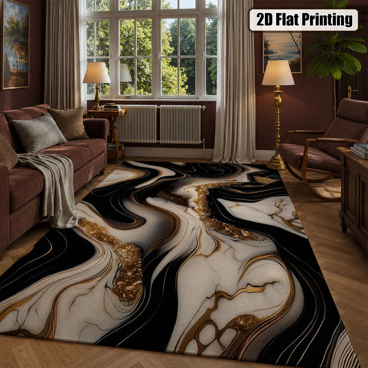 Large Indoor Area Rug, Soft Velvet Low Pile with Non-Slip Dotted Backing, Machine Washable Abstract Black White Gold Marble Swirl Rug, Modern Decor for Living Room, Bedroom, Entryway