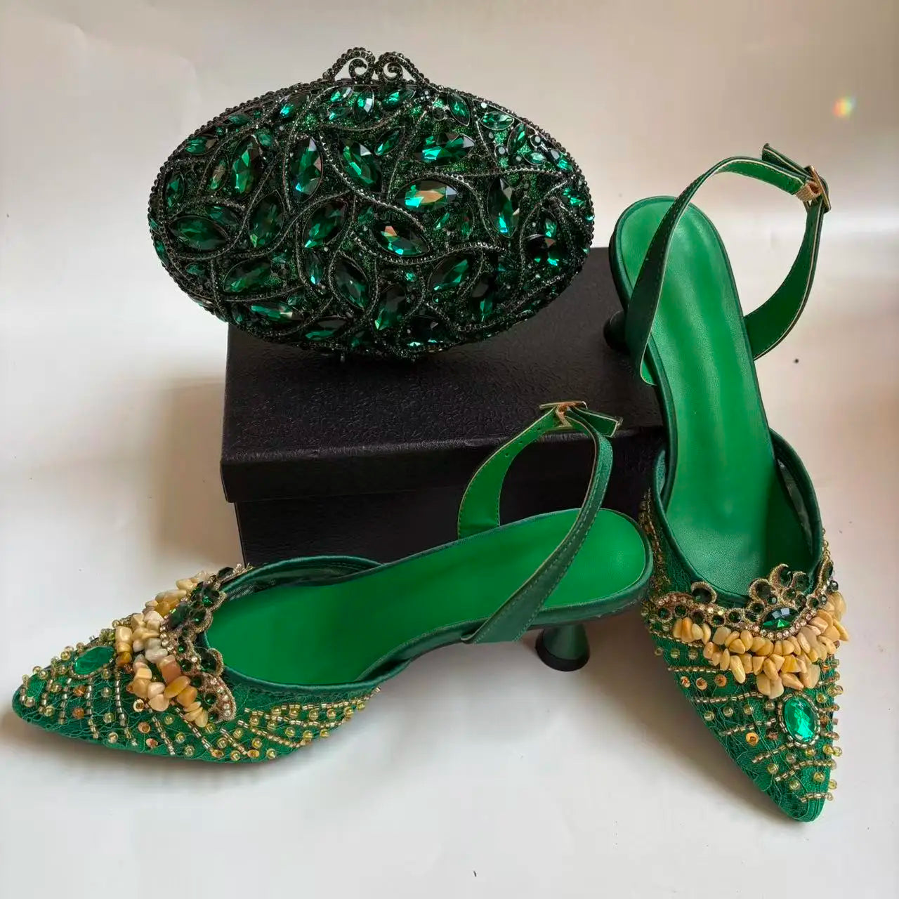 Insightlink Green Crystal High Heel with Bag Set for Bridal Wedding Party Designer Pointed Toe and Clutch Luxury Sandal Handbag