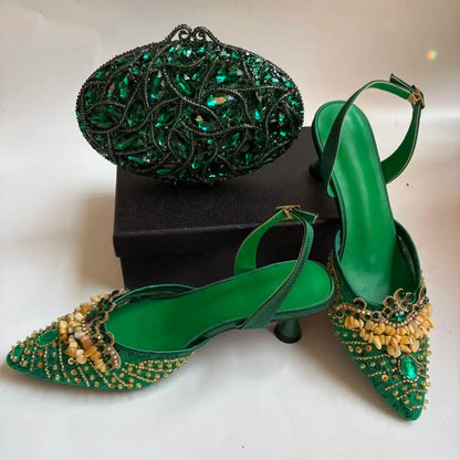 Insightlink Green Crystal High Heel with Bag Set for Bridal Wedding Party Designer Pointed Toe and Clutch Luxury Sandal Handbag