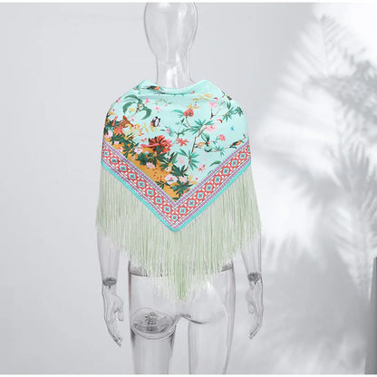 Fashion Vintage Printed Tassel Square Scarf Women Fringe Patchwork Shawl Waist Seal Accessories 2026 Spring Summer Street Shawls