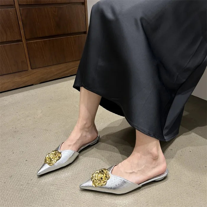 Flower Women Flats Slippers Pointed Toe Elegant Mules Shoes Fad Slingback Sandals 2025 Summer New Luxury Flip Flops Mujer Slides