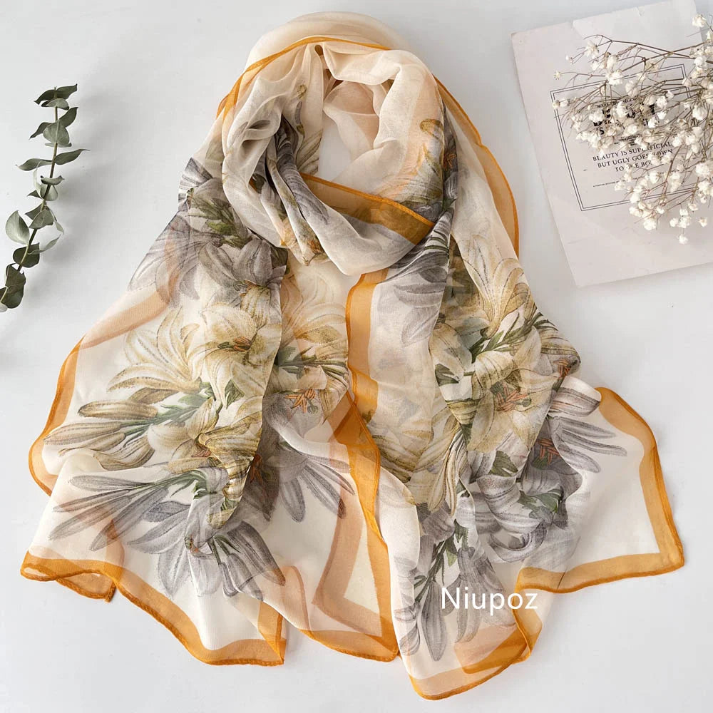 Gradient Lily Print Pretty Women Elegant Chiffon Georgette Bandana Scarf Summer Beach Sunscreen Thin Shawl