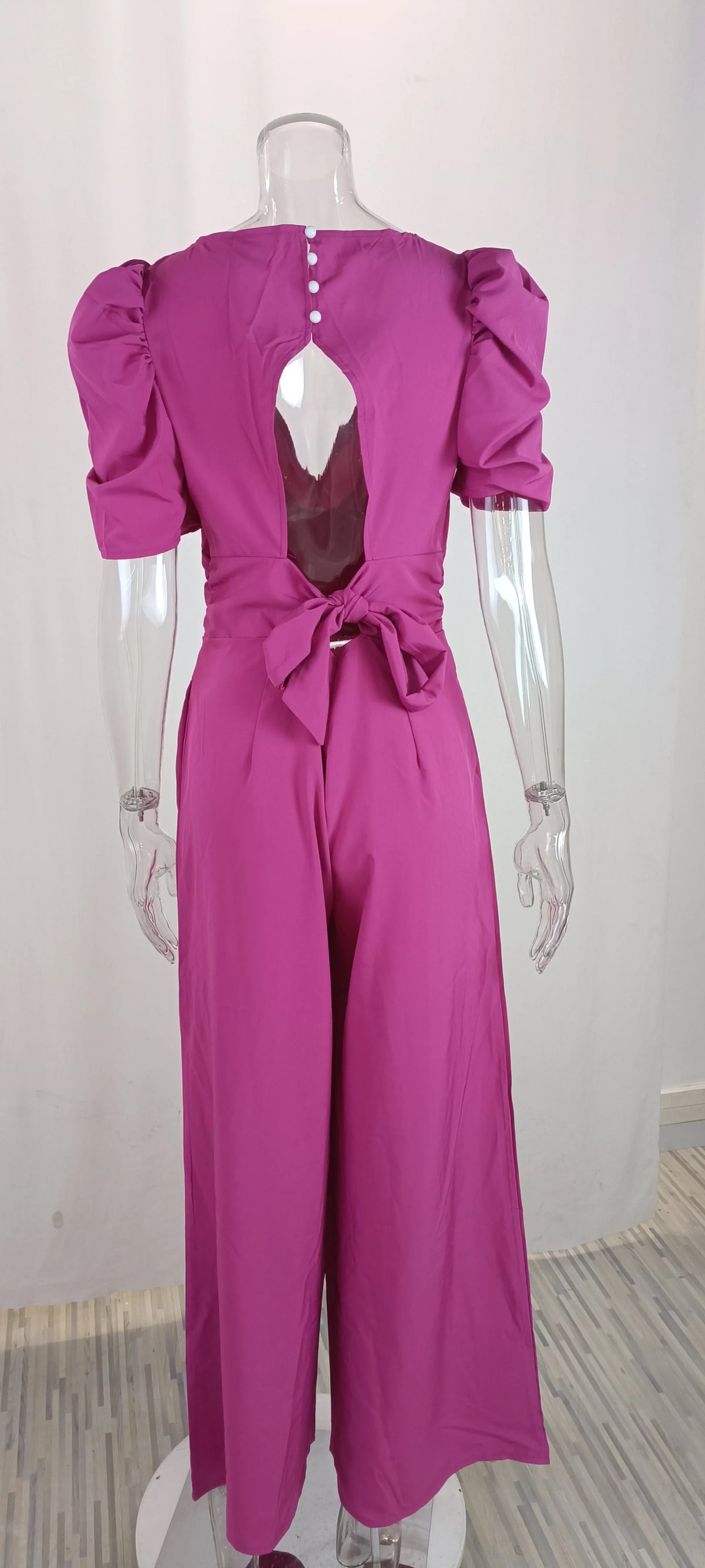 Summer Women's Slim Short Puff Sleeve V-neck Wide Leg Long Jumpsuit Elegant High Waist Ruched  Pocketed Solid color jumpsuits