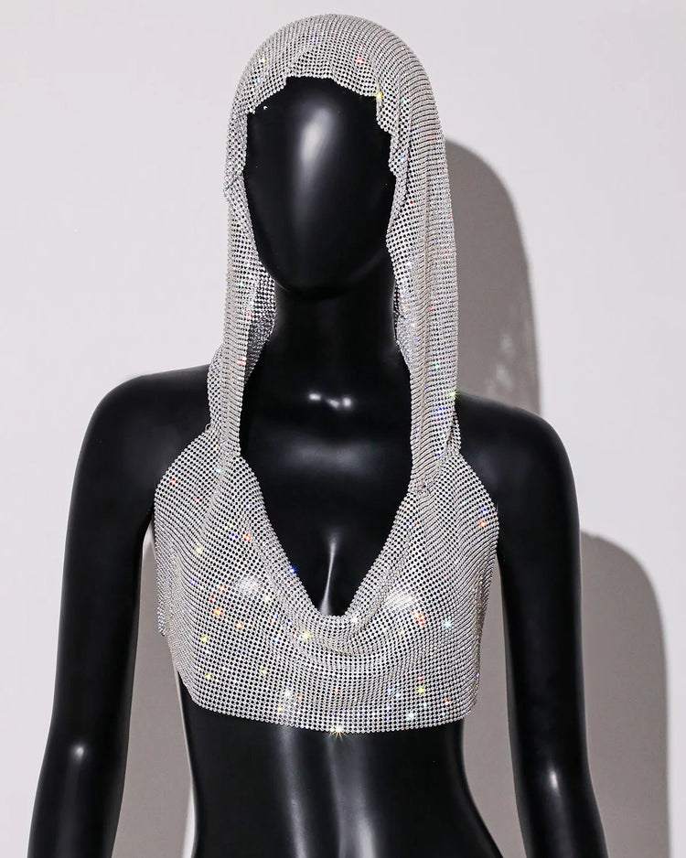 Women Sexy Mesh See Through T Shirt Shiny Rhinestone Fishnet Hollow Out Crop Top Sleeveless Beach Cover Up Party Club Tank Tops