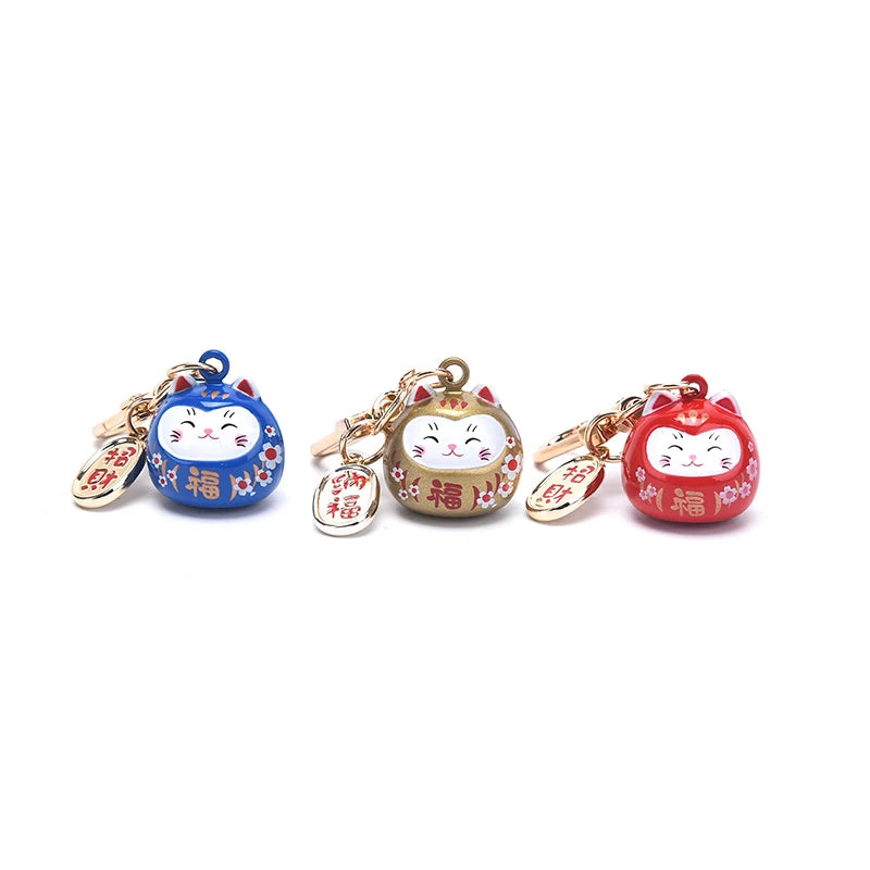 New Japanese Cute Lucky Cat Bell KeyChains Car Bag Decor Water Sound Bell Pendant Charm Keys Couple Gifts Keyring Pray Keyfob