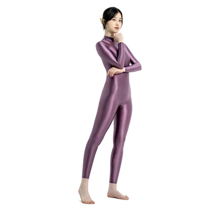 MJINM Sexy Shiny Bodysuit Tight-fitting Oil Smooth Back Zipper Overalls Yoga Zentai Suits Casual Sport Tights Catsuit Jumpsuits