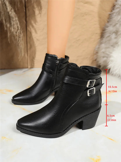 Retro Belt Buckle Women Short Ankle Boots Plus Size 43 Autumn Zipper Soft Leather Square Heel Ladies Pointed Toe Party Shoes New
