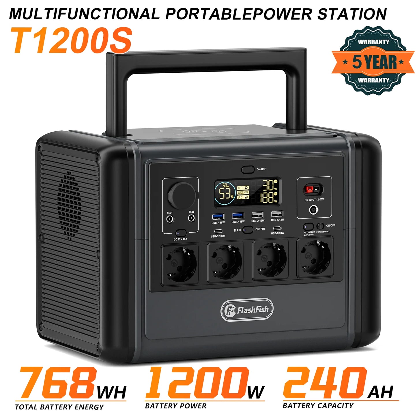 T1200S Portable Power Station FlashFish T1200S 768Wh 1200W LiFePO4 Solar Generator, PD Fast Charge Wireless Charging Outdoor Emergency Battery Pack