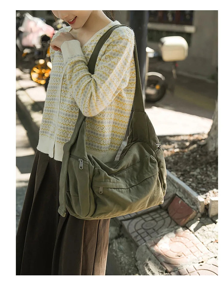 100% Cotton Shoulder Bags Women Large Capacity Canvas Tooling Packages Korea Style Cloth Crossbody Bags Solid Messenger Bags