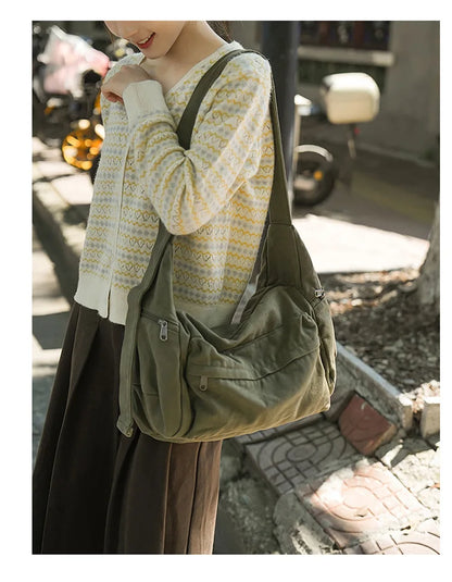 100% Cotton Shoulder Bags Women Large Capacity Canvas Tooling Packages Korea Style Cloth Crossbody Bags Solid Messenger Bags