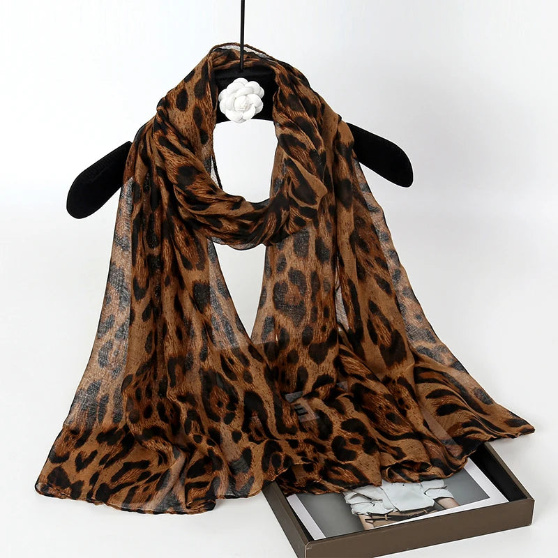 2025 New Vintage Voile Scarf Leopard Print Hijab for Women Lightweight Sunscreen Head Wrap Beach Cover-Up Windproof Travel Scarf