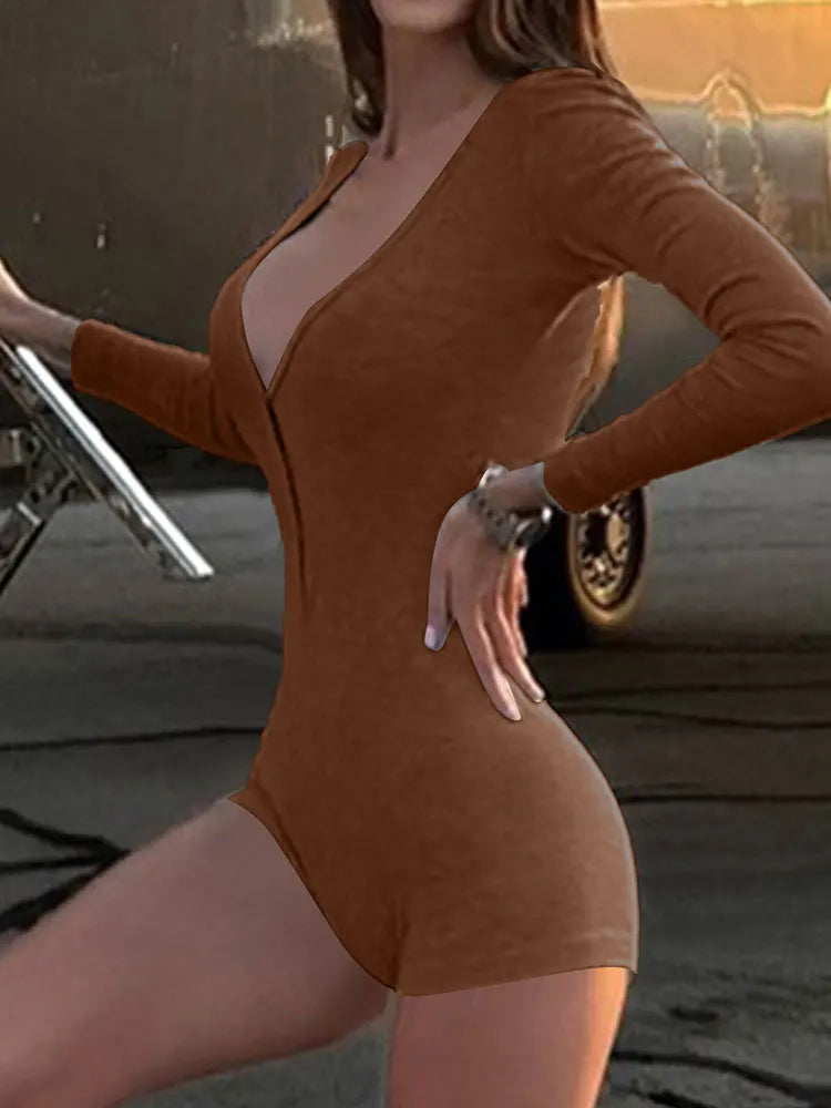 Autumn New Women's Jumpsuits Fashion Long Sleeves Casual Slim Knitted Rompers Solid Sexy V-Neck Female Bodycon Elegant Clothing