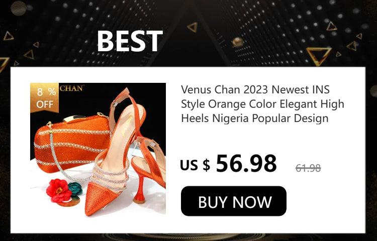 Venus Chan 2024 Latest High Heel Gold Color Atmospheric Luxury Pattern With Rhinestones Party Ladies Shoes And Bag Set
