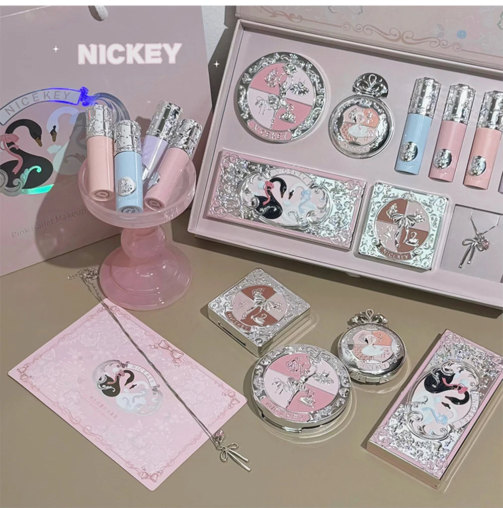 NICEKEY Makeup Kit Include 4 Matte Lipgloss,1 Face Blusher,1 Pressed Powder,1 Eyesshadow Palette,1 Contour Palette With Necklace