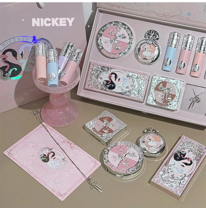 NICEKEY Makeup Kit Include 4 Matte Lipgloss,1 Face Blusher,1 Pressed Powder,1 Eyesshadow Palette,1 Contour Palette With Necklace