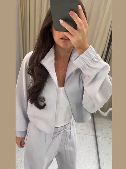 Stand Collar Thin Cropped Coats Pants Suits Women Street Lantern Long Sleeve Zipper Loose Tops Drawstring Wide Leg Trousers Sets