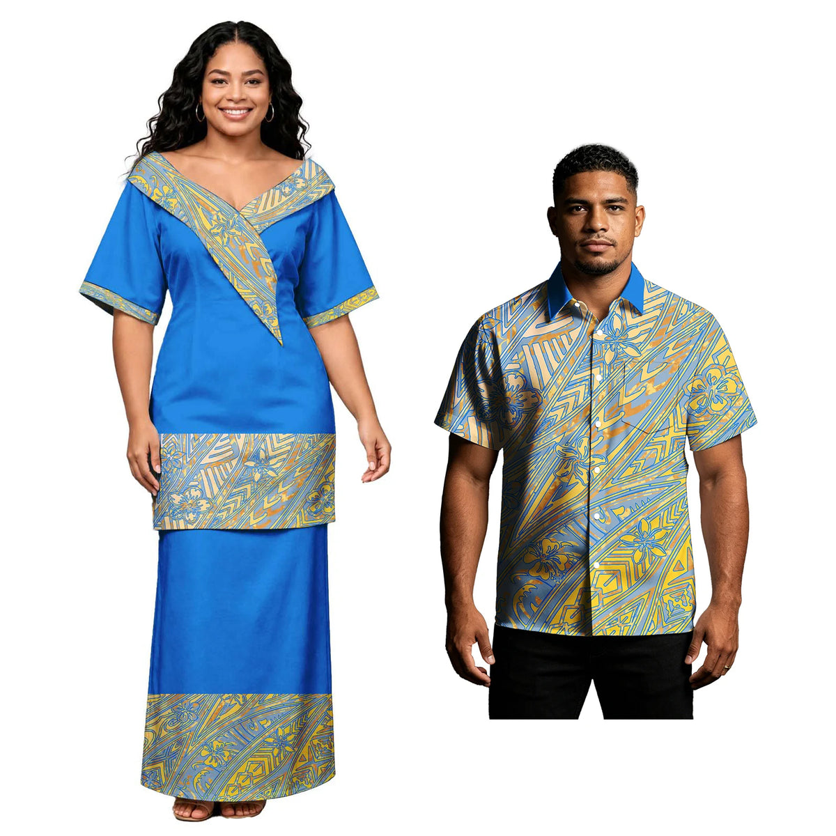 Holiday Party Hawaiian Tropical Pattern Couple Outfits Polynesian Men Button Shirts Women Tribal Design Church Samoan Puletasi