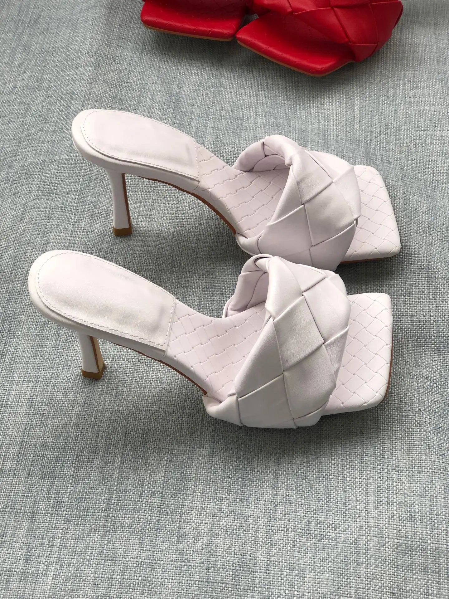 New 2026 Summer Fashion Women's Slippers PU Leather Square Toe Sandals for Women Fluorescent Yellow Fine Heel Ladies High Heels