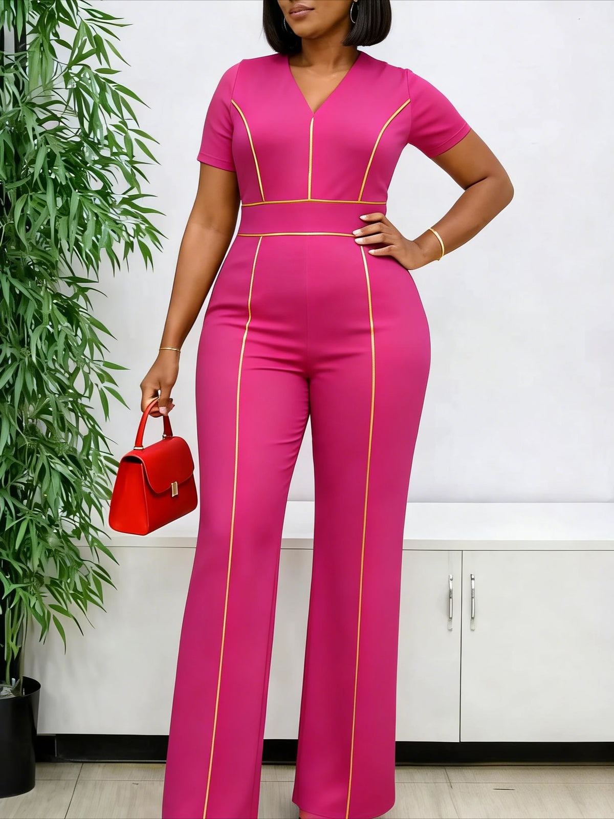Stylish Rose Women Jumpsuit V Neck Short Sleeve Gold Piping High Waist Flare Leg Long Pants Elegant Causal Office Party Occasion