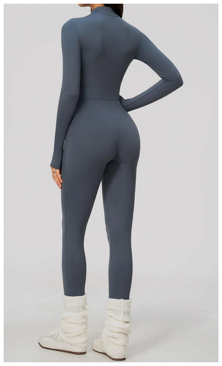 Winter Half Zip Yoga Bodysuit Women Long Sleeved Fitness Jumpsuit Sportswear Gym Clothes One-piece Running Workout Wear Rompers