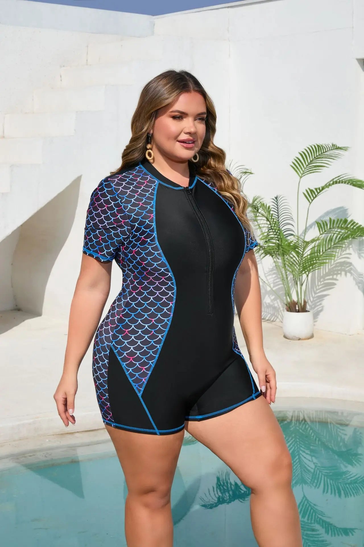 2026 Women Short Sleeve Plus Size Swimwear Print Patchwork Large One Piece Swimsuit Lady Zipper Chubby Beach Curvy Bathing Suit