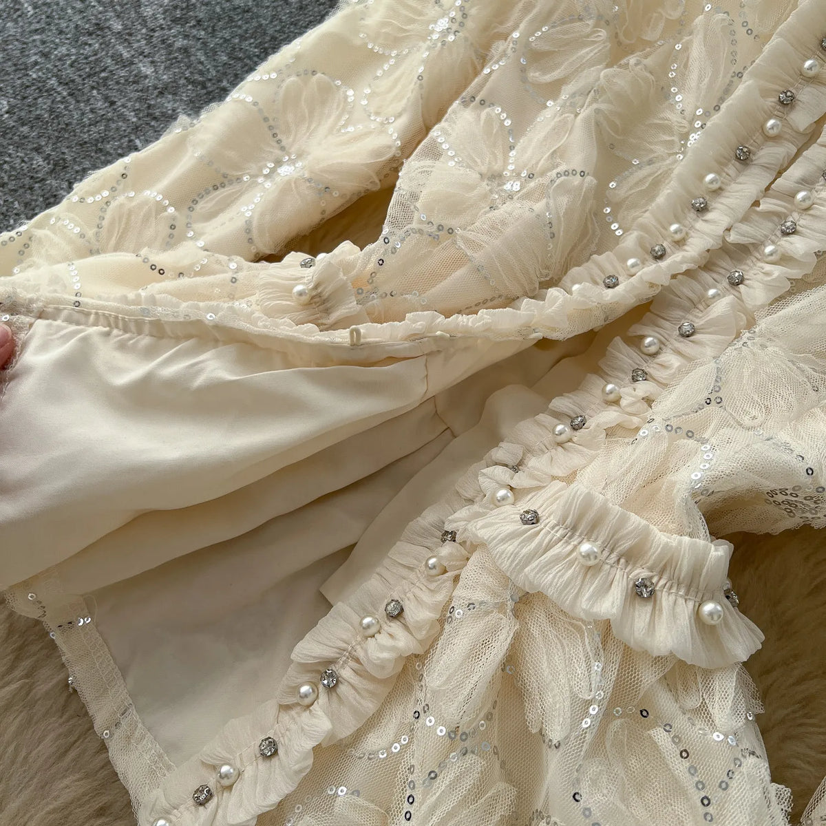 lace beaded embroidery  Elegant Two Pieces Sets Chic Blouse Top with Sweet High Waist  A-line Skirt Vacation Fall Sets