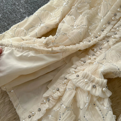 lace beaded embroidery  Elegant Two Pieces Sets Chic Blouse Top with Sweet High Waist  A-line Skirt Vacation Fall Sets
