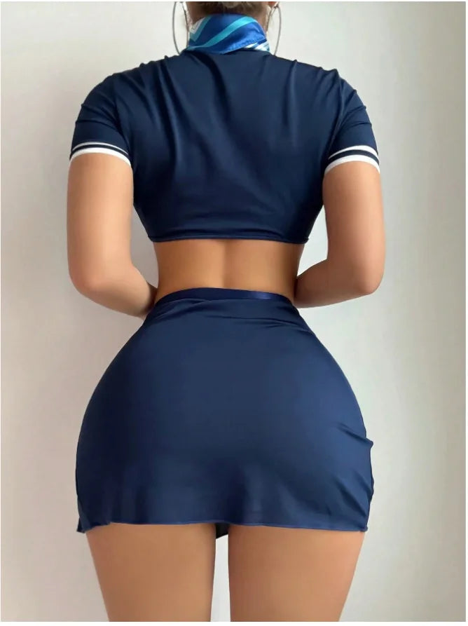 New Sexy Stewardess Bodycon Skirt Sets Pure Desire Role Play Uniform Sexy Short Sleeved Round Neck Skirt Sets Charming S60I