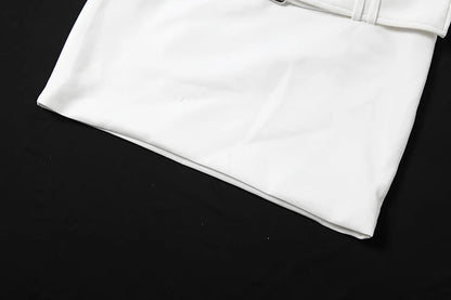 Cutenew Simple 2 Piece Set Women Metal Buckle Sexy Crop Tank Top+Mini Peach Hip Skirts Hottie Midnight Street Party Suits