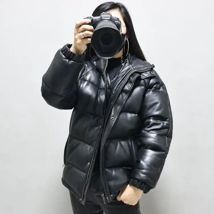Women Winter Thick Warm Natural Sheepskin Down Jacket Casual Hooded Windproof Overcoat Loose Fit Genuine Leather Jacket Coats