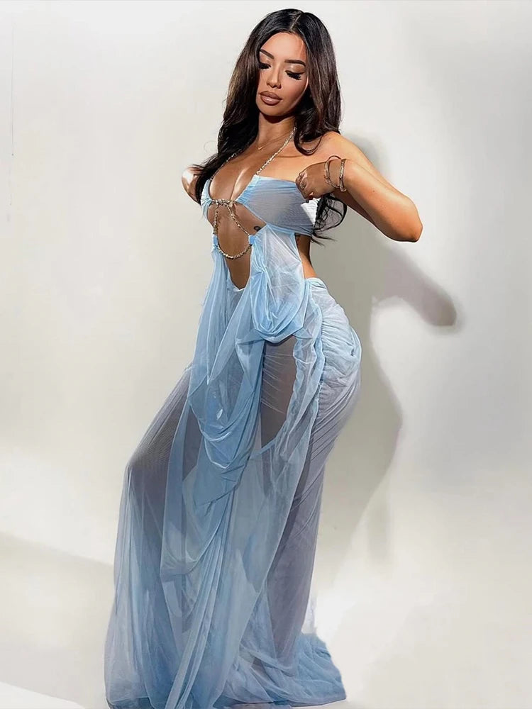 Nibber Prom Party Gown Dress Woman Sexy See Through Luxury Chain Halter Low-Neck Backless Sleeveless Midnight Elegant Vestidos