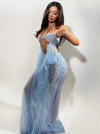 Nibber Prom Party Gown Dress Woman Sexy See Through Luxury Chain Halter Low-Neck Backless Sleeveless Midnight Elegant Vestidos
