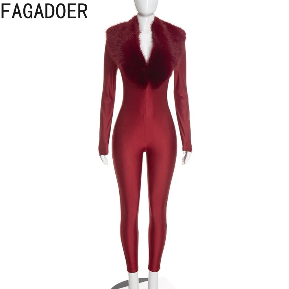 FAGADOER Women Fall Winter Bodycon Jumpsuit Faux Fur Collar Long Sleeve Deep V Neck Slim Fit Sexy Club Party One Piece Outfit