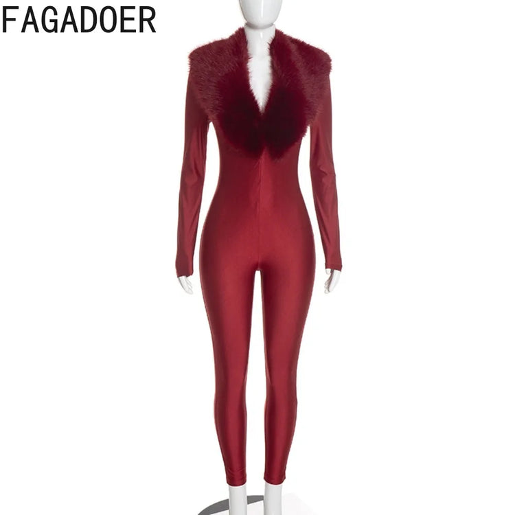 FAGADOER Women Fall Winter Bodycon Jumpsuit Faux Fur Collar Long Sleeve Deep V Neck Slim Fit Sexy Club Party One Piece Outfit