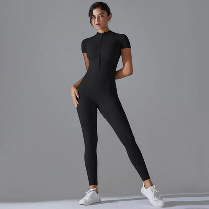 Womens Jumpsuits Short Sleeve Yoga Slim Fit Stretch One Piece Romper Sexy Fitness Female Basic Sportwears Black Zipper Ladies