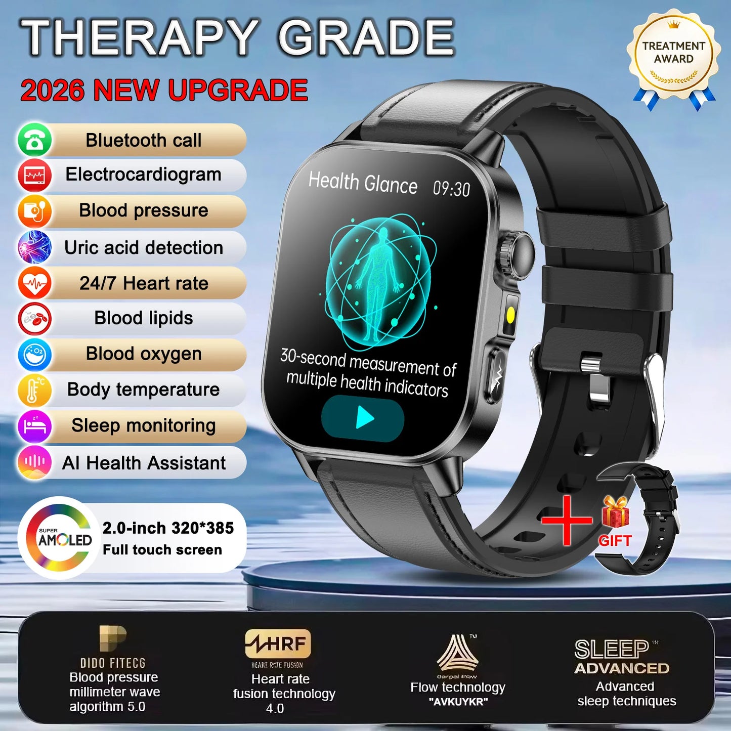 2026 New Body Analysis Health Smart Watch ECG+PPG Uric Acid Blood Pressure Blood Oxygen Clock Call AMOLED Smart Watch Men Women