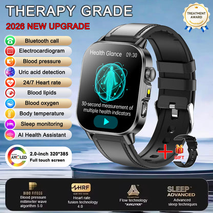 2026 New Body Analysis Health Smart Watch ECG+PPG Uric Acid Blood Pressure Blood Oxygen Clock Call AMOLED Smart Watch Men Women