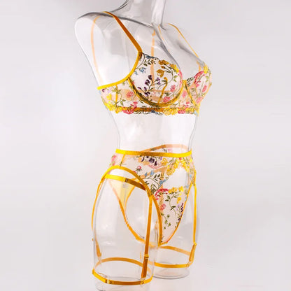 Krasapt Sexy Lace Embroidery 3-Piece Sets Transparent Sensual Fancy Beautiful Bra Brief Set Attractive Intimate Bilizna Outfits
